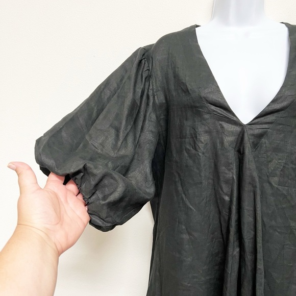 LJC Designs Womens Black Linen Puff Sleeve Pocketed Lagenlook Midi Dress Size L - Picture 4 of 6